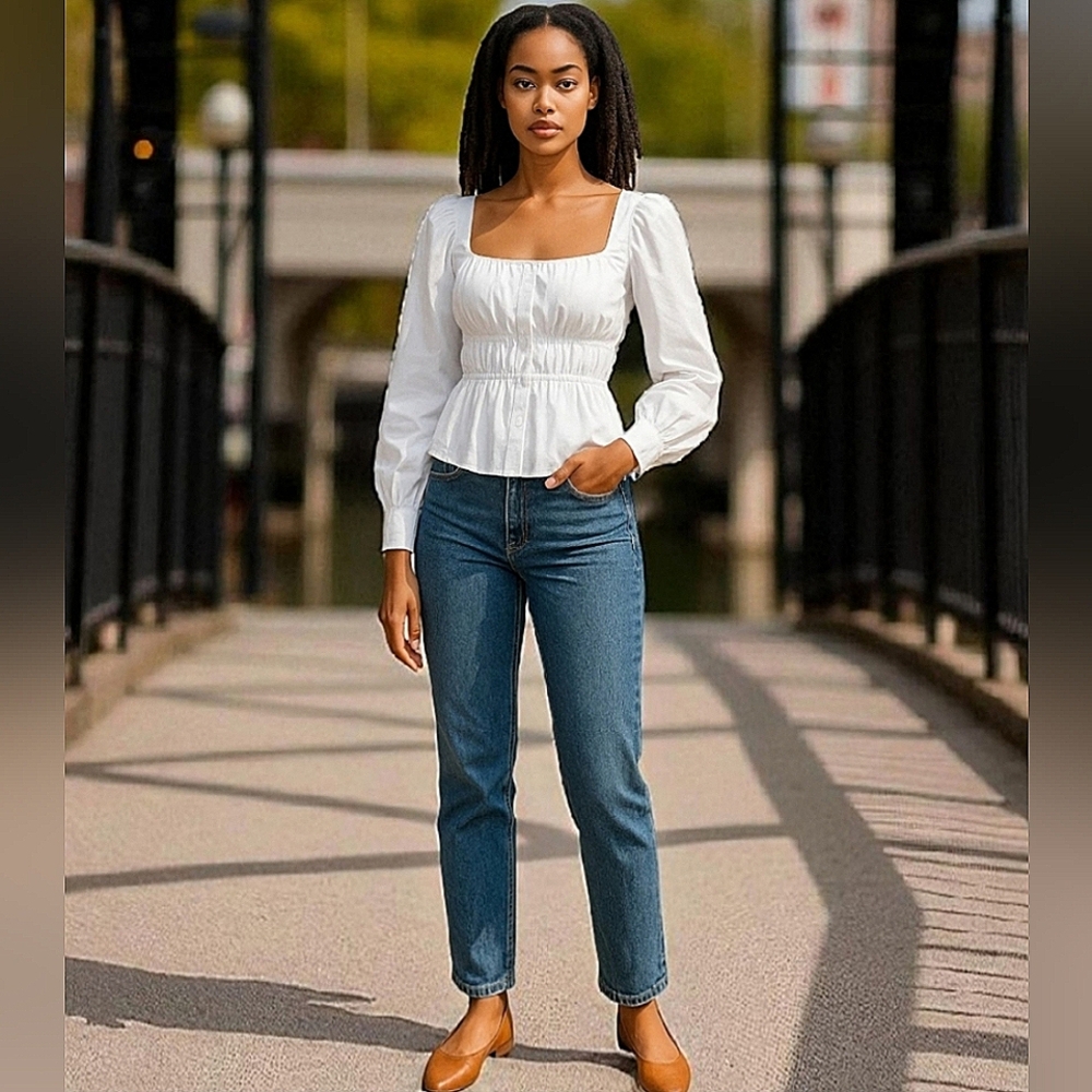 White Cinched-waist top in herringbone cotton